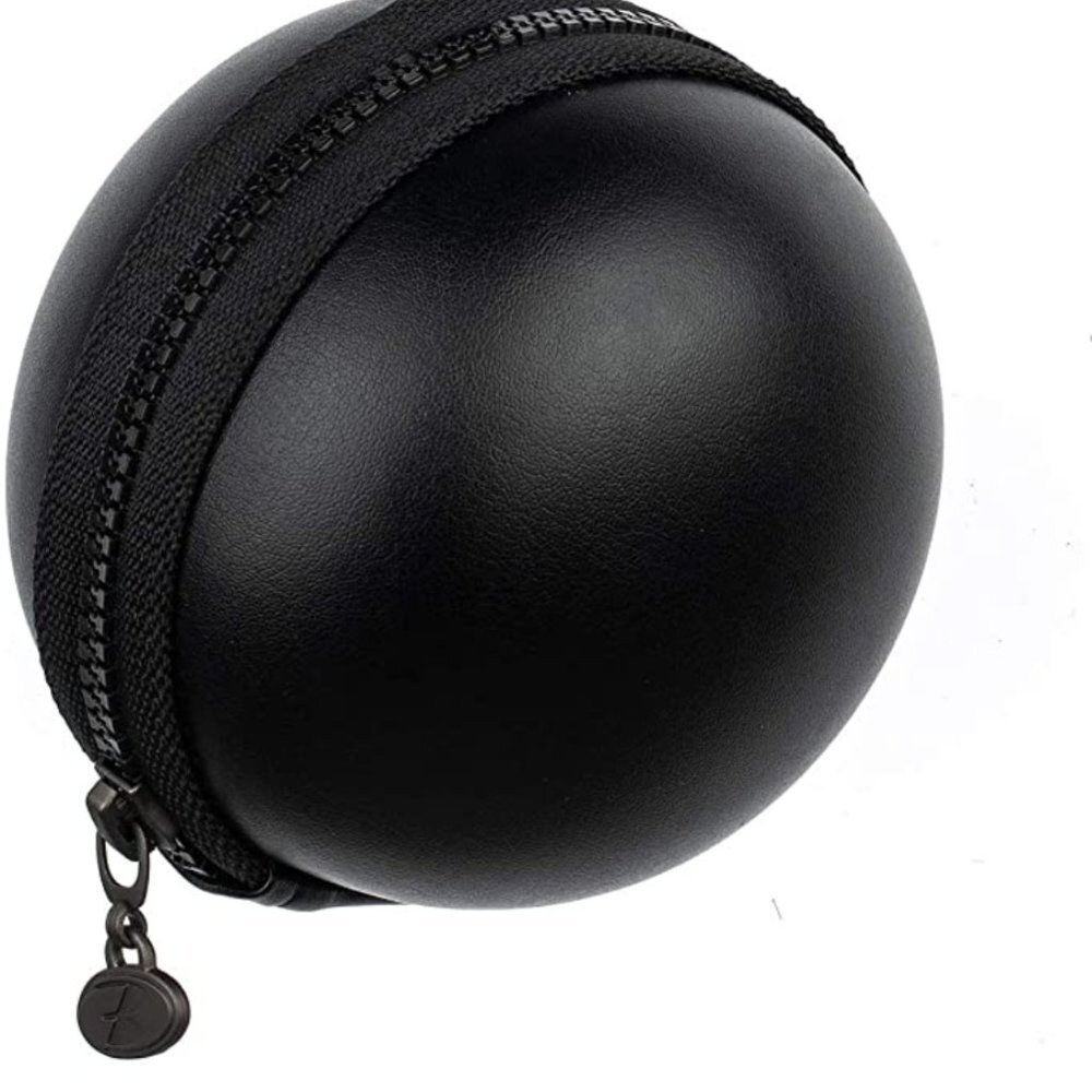 Hard shell faux leather round black storage case with retractable cord and clip